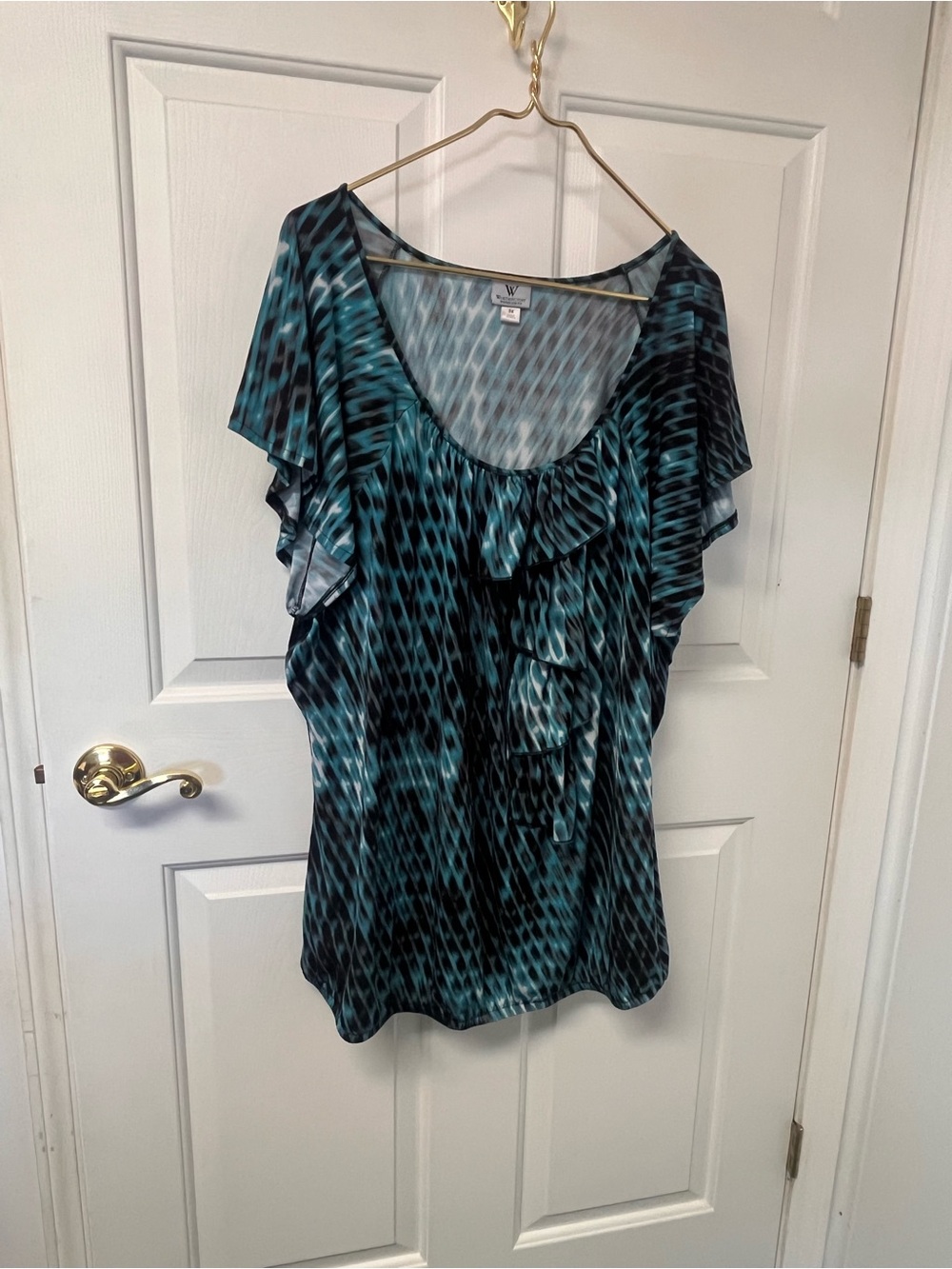 Worthington Teal & Black Ruffle Scoop Neck Top